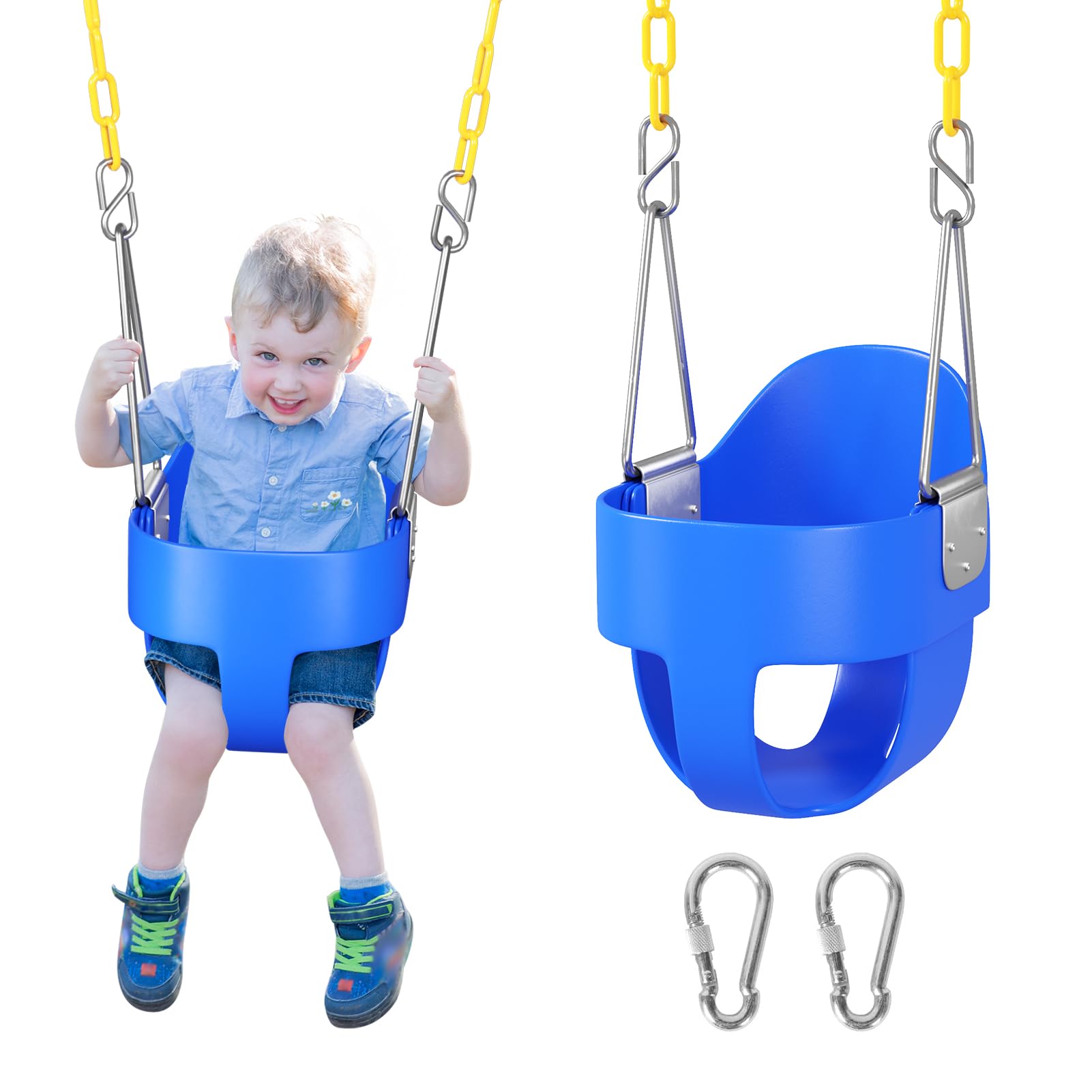 DECORLIFE Toddler Swing Seat, Outdoor Baby Swing with Coated Chains, Heavy Duty High Back Full Bucket Swing Chair with Ant-Loosening Carabiners, Fully
