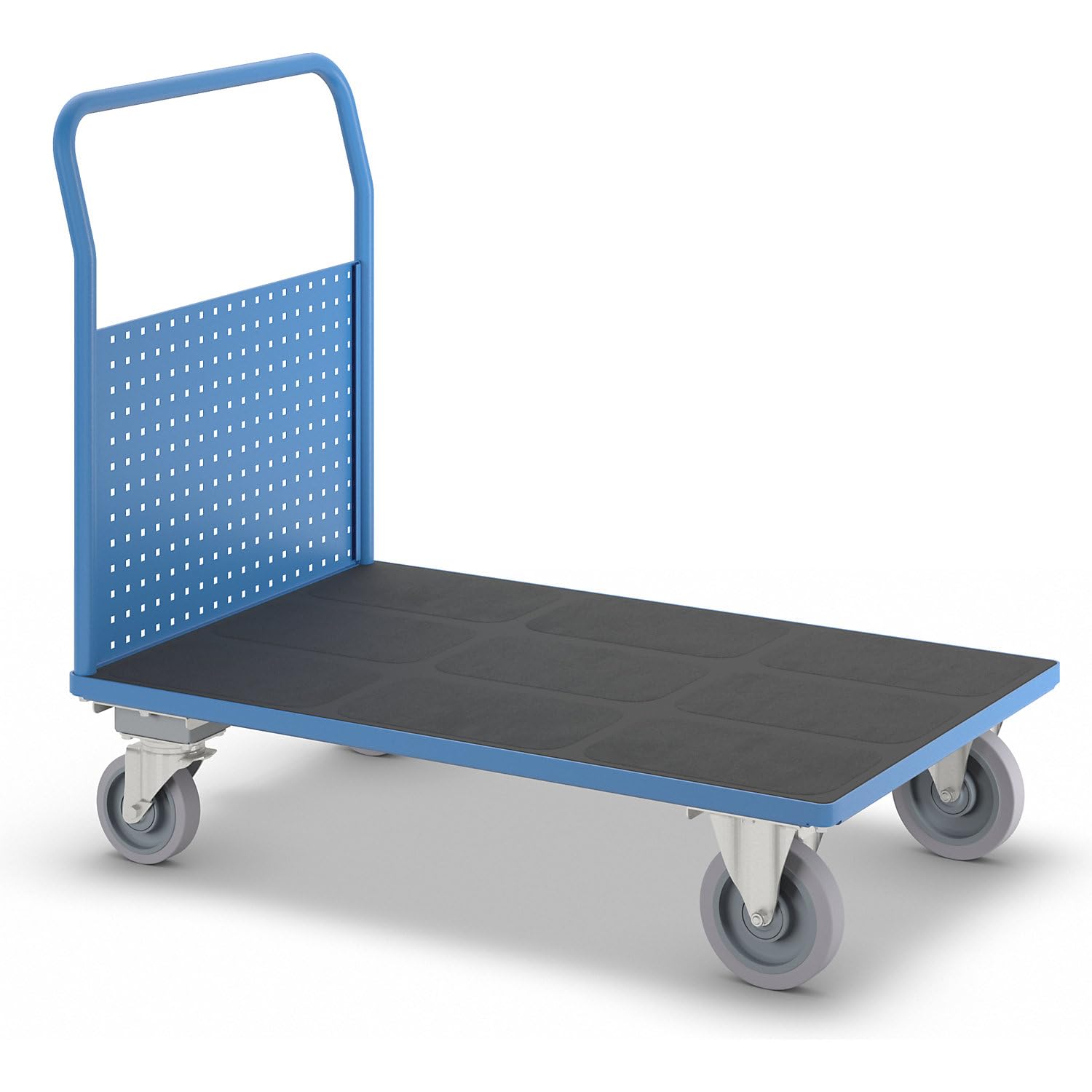 eurokraft pro | Plattformwagen | Mit 1 hohen Lochblechwand, LxB 1250 x 800 mm, mit Zentralstopp, Vollelastik