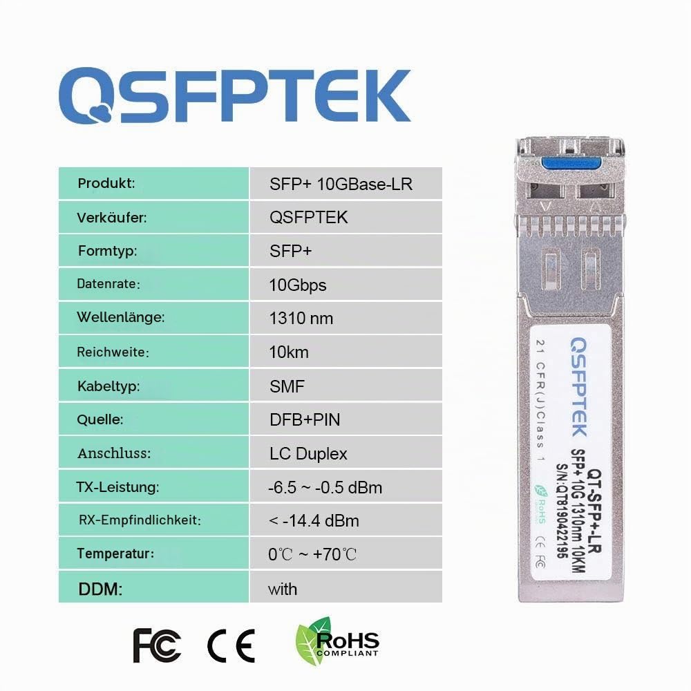 QSFPTEK 4Pack 10GBASE-LR 10G SFP+ modulo, 1310nm, 10km, DDM LC Mini-GBIC ricetrasmettitore per Cisco SFP-10G-LR, Ubiquiti UF-SM-10G, Mikrotik, Qnap NAS, D-Link