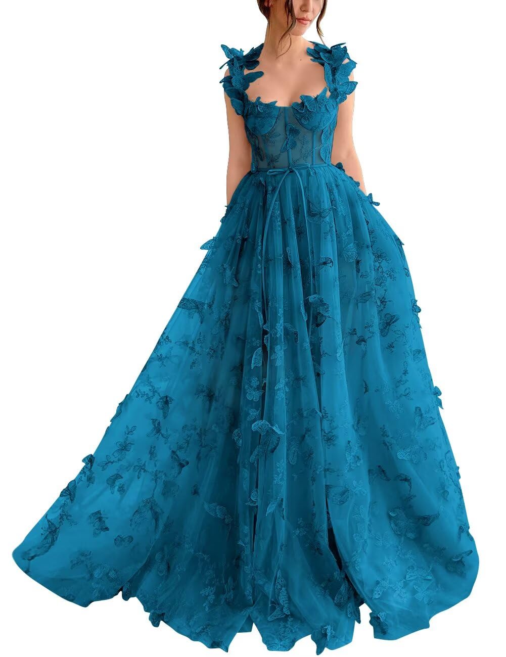 YUAOHUANG Corset Long Tulle Prom Dresses Butterfly Prom Dress for Women Lace Applique Fairy Ball Gown Butterfly Gowns