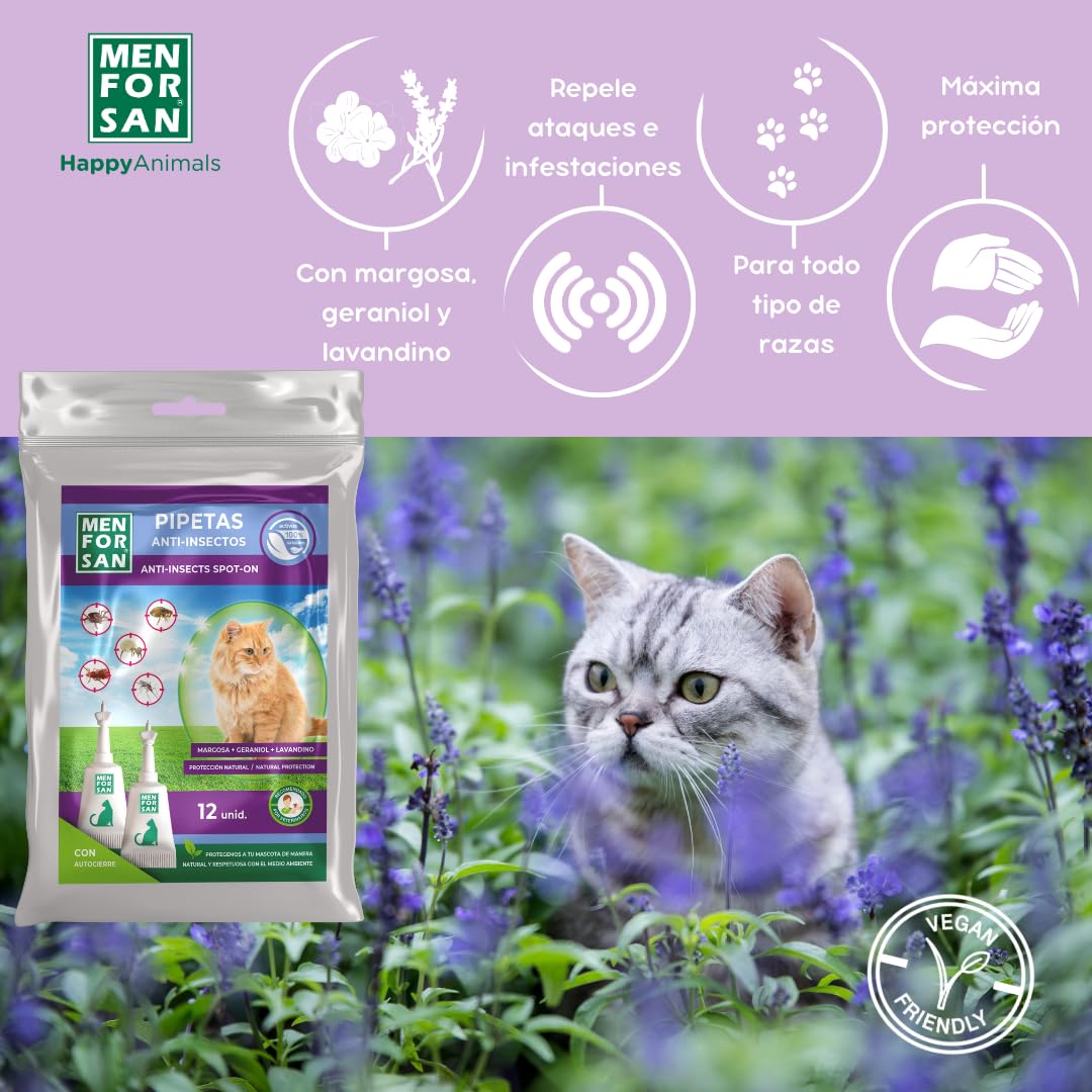 MENFORSAN Pack con 12 Pipetas Anti-Insectos para Gatos, con Margosa, Geraniol y Lavandino, Bolsa autocierre