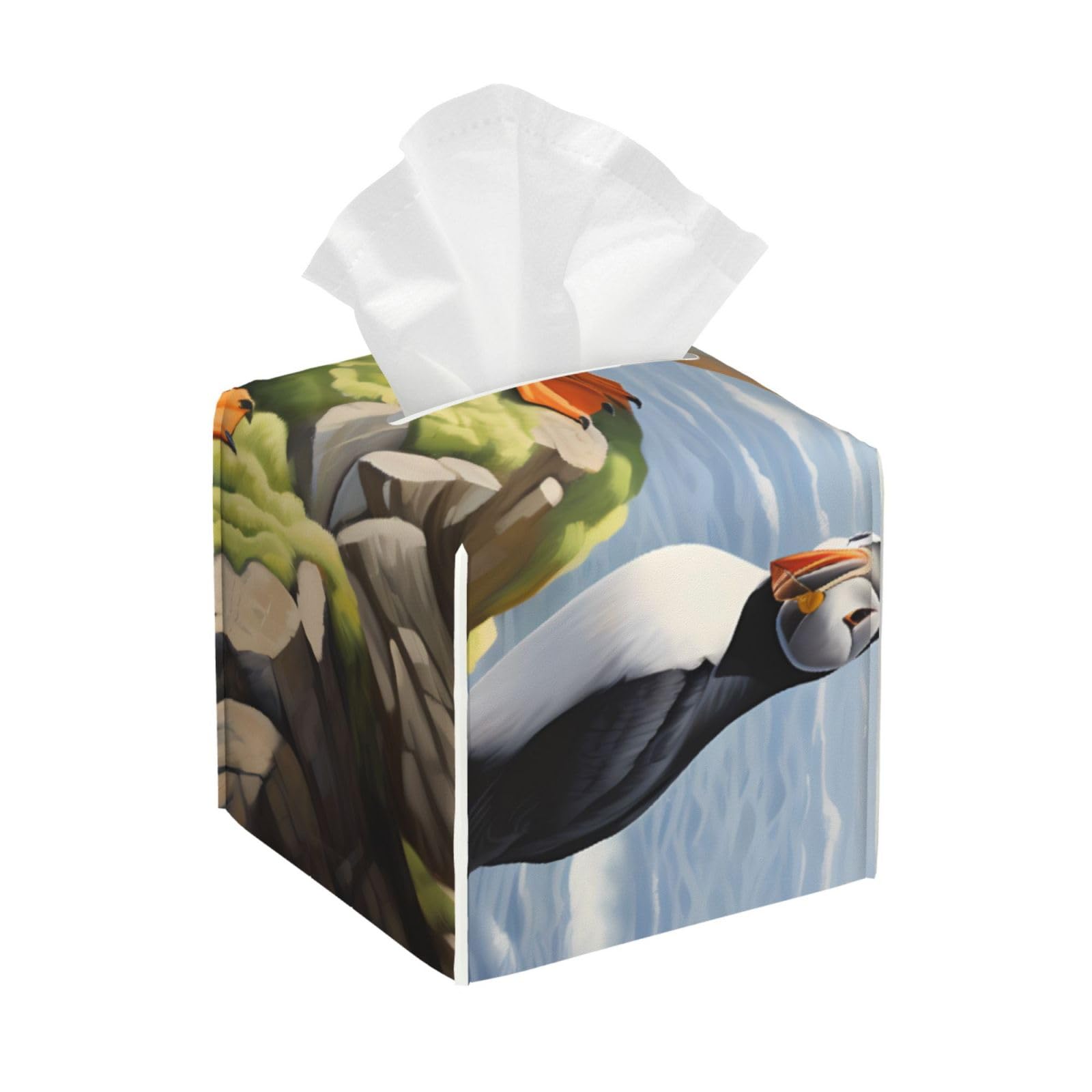 Puffines Bird Square PVC Tissue Box Cover Modern Decorative Holder for Bathroom Vanity
