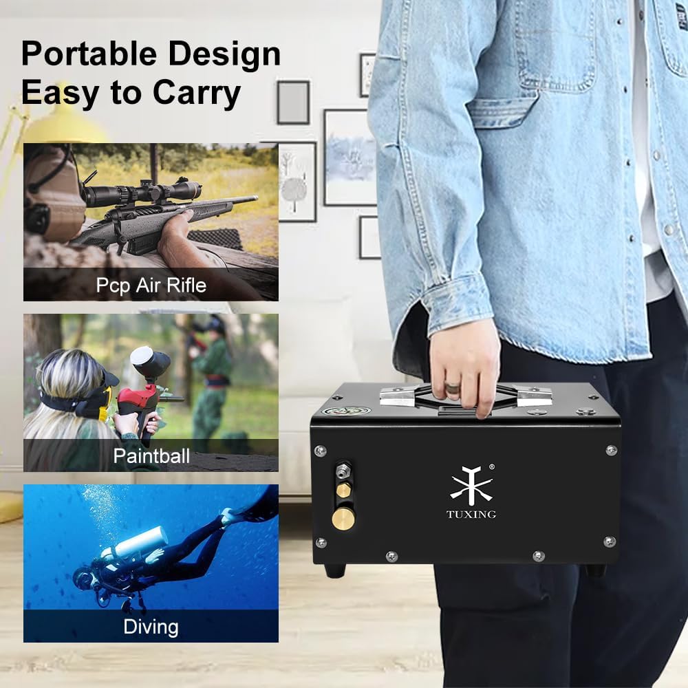 TUXING 4500Psi PCP Air Compressor,PCP Rifle/Pistol and Paintball Tank Air Pump, Powered by 12V Car DC or Home 110V AC with Power Converter and Built-in Water Oil Filter