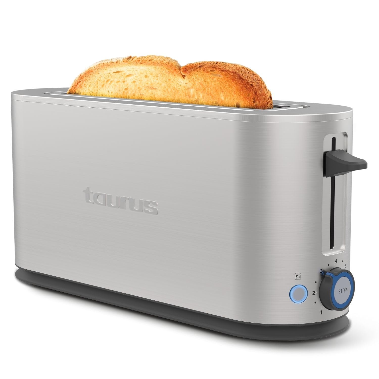 Taurus - Tostador Mytoast Legend 1000W, Acero Inoxidable, Ranura Extra Grande 260x42 mm, 7 Niveles de Tostado, Autoapagado, Descongelar/​Recalentar/​Cancelar, Bandeja Recogemigas Extraíble