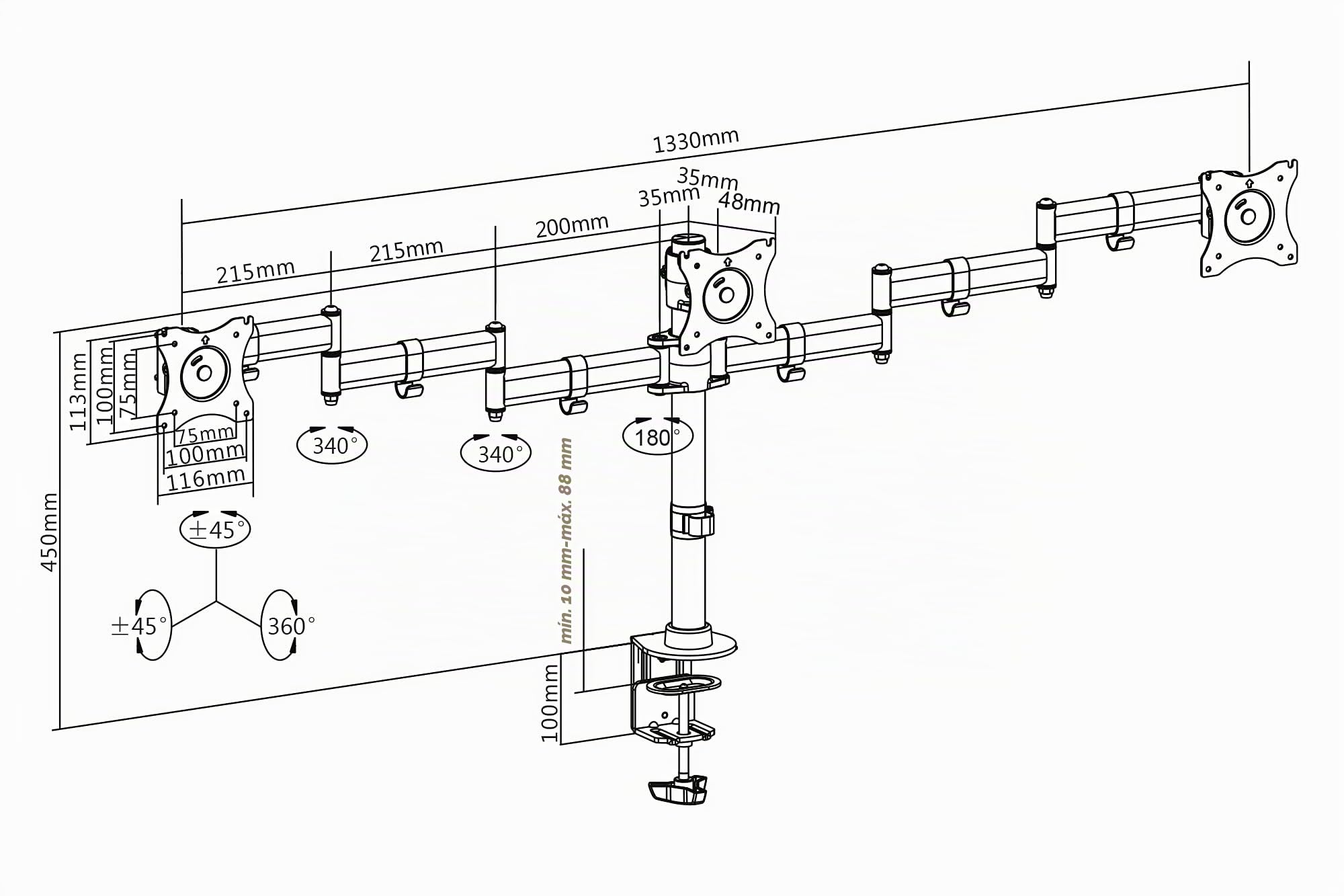 DIGITUS Soporte para 3 monitores – Hasta 27 pulgadas | Carga máxima de hasta 3 × 8 kg – Soporte de mesa – Montaje VESA 75 x 75 y 100 x 100 – gestión de cables integrada – Negro