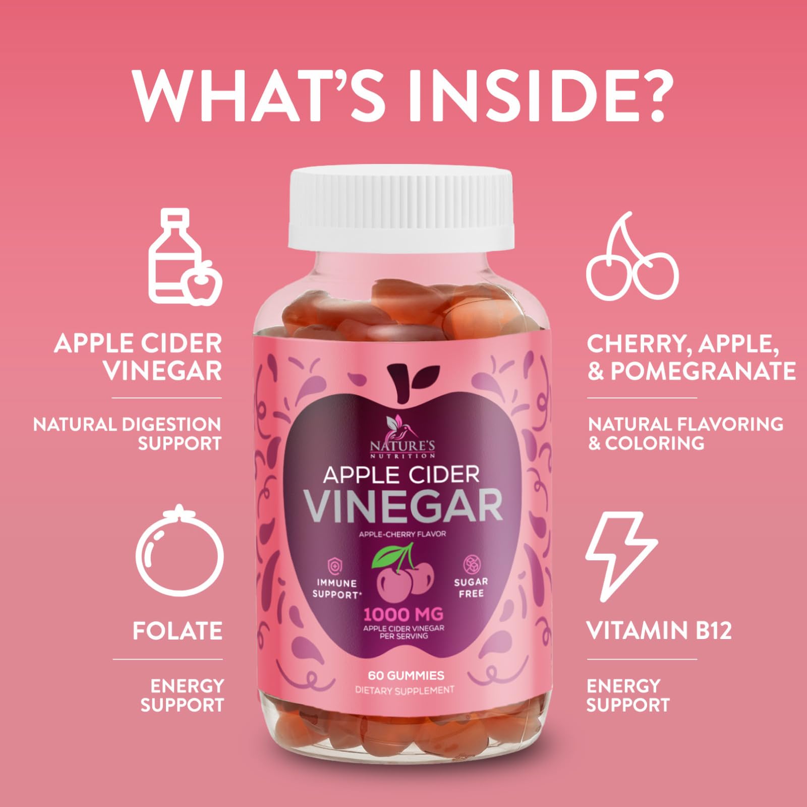 Apple Cider Vinegar Gummies 1000mg - Sugar Free ACV Gummy with Vitamin B12 for Energy Support - Digestion, Detox & Cleanse Support Supplement - Gluten-Free, Keto Friendly, Zero Sugar - 60 Gummies — Amazon image 6