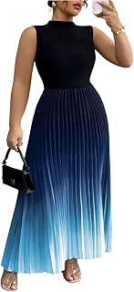 SOLYHUX Women's Plus Size Ombre Maxi Dress Mock Neck Sleeveless Pleated A-Line Flowy Long Gown for Parties
