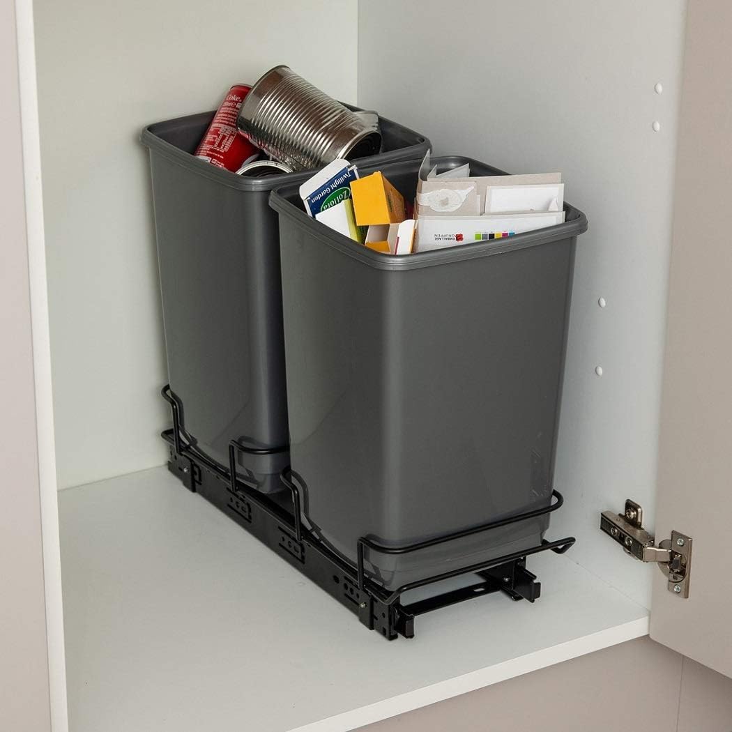 Addis Cupboard Pull Out Dual Waste Trash System, 2 x 10 Litre Eco Made from 100% Recycled Plastic Bins, Light Grey, 20