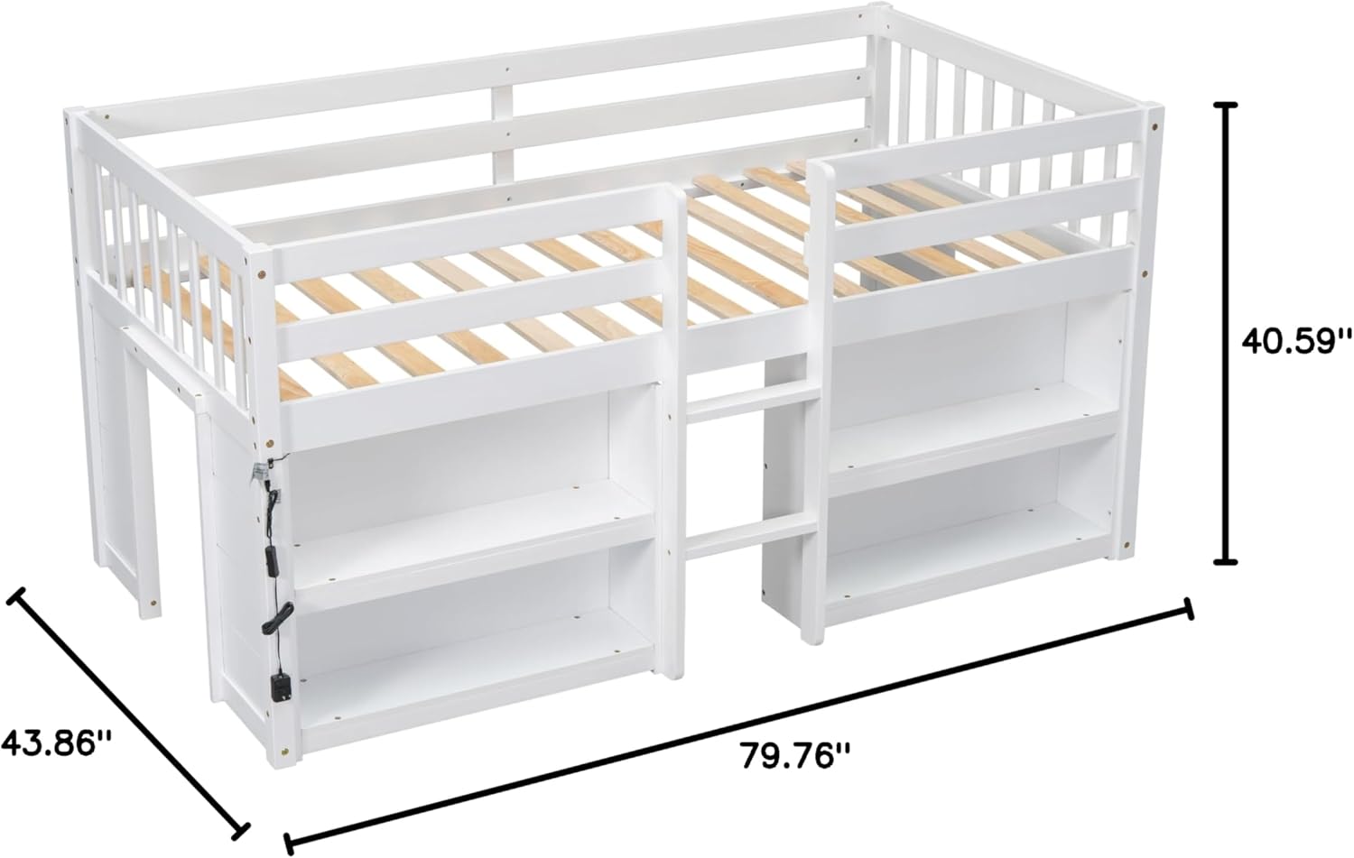 SOFTSEA Twin Size Low Loft Bed with 2-Tier Shelves and LED Light, Wood Loft Bed Frame with Guardrails for Kid, White