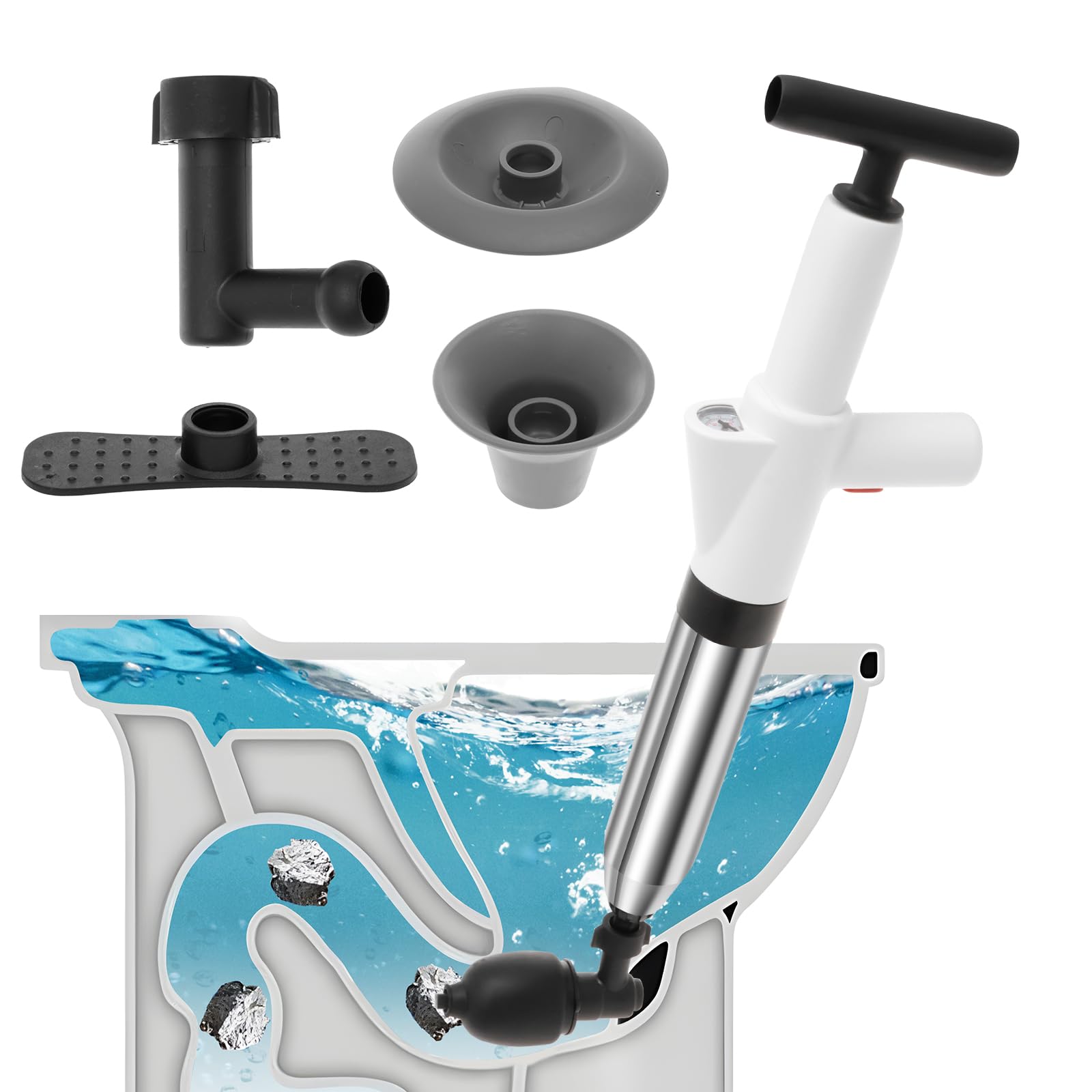 Toilet Unblocker, Toilet Plunger Heavy Duty High Pressure Air Sink Unblocker Tools with Visual Barometer Sink Plungers for Unblocking Bathroom Kitchen Floor Drain Sinks Shower Pipe Clog