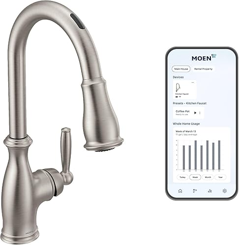 Moen 7185C Brantford - Grifo monocontrol para cocina con aumentador de potencia y sistema retráctil