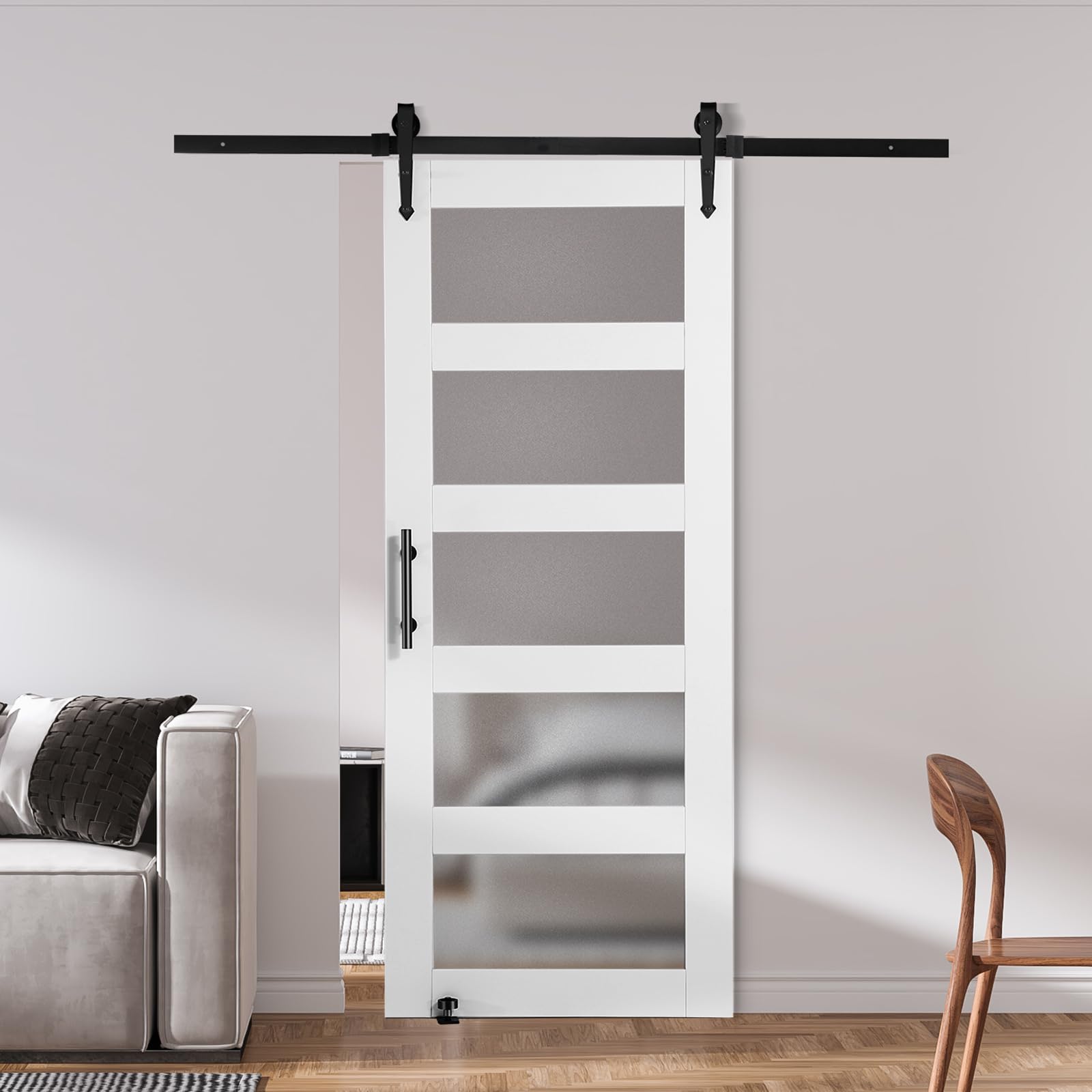 VEVOR 30 x 84 in Glass Sliding Solid Wood Barn Door with 5.5FT Sliding Door Hardware Kit with Handle & Floor Guide, 5 Tempered Frosted Glass, Water-Proof & Scratch-Resistant, Pre Drilled Easy Assembly