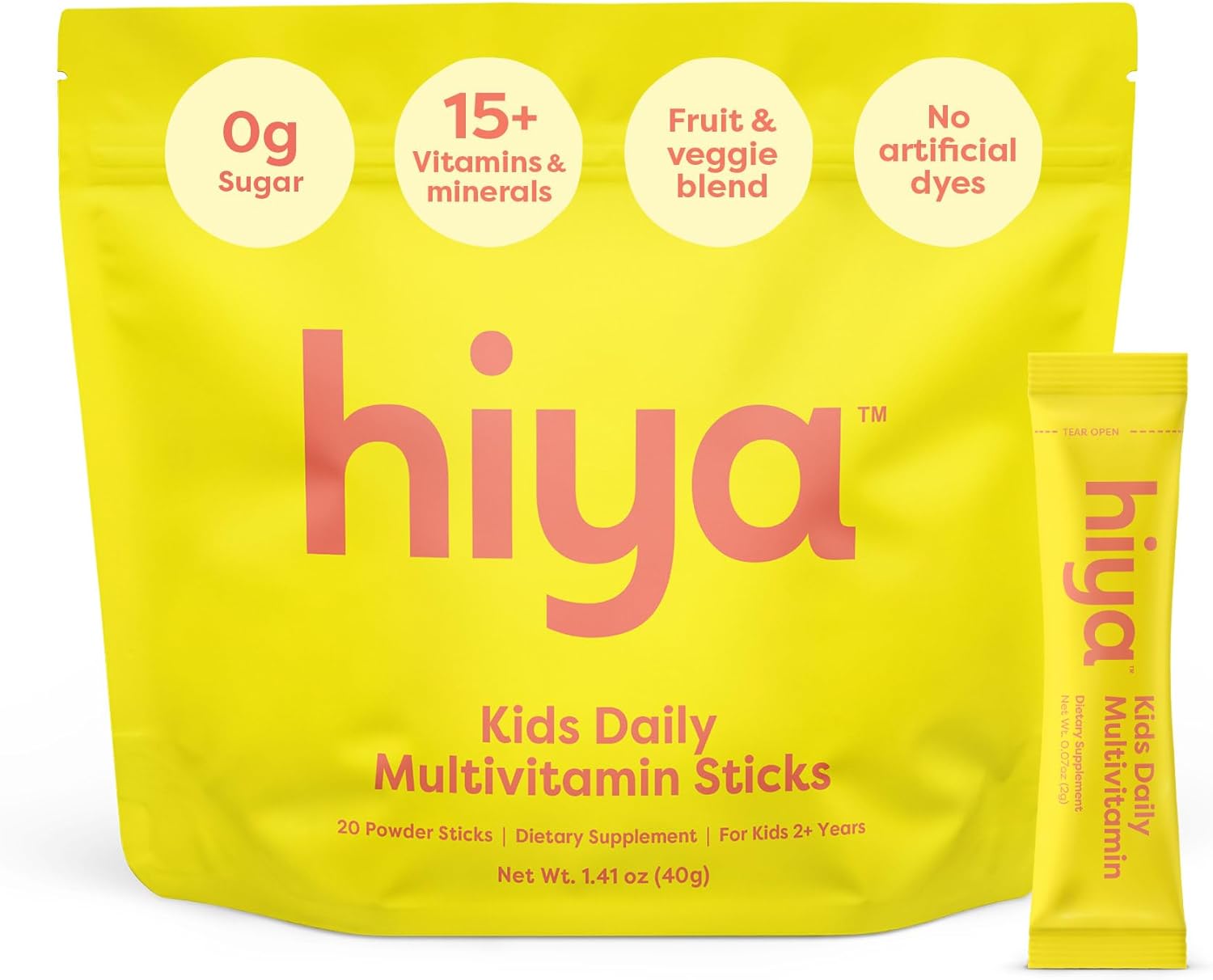 Hiya Kids Multivitamin – 15+ Essential Vitamins & Minerals with Fruits & Veggies for Ages 2+, Supports Growth, Development & Immune, 0g Sugar – 20 Stick Packs for Toddlers & Kids