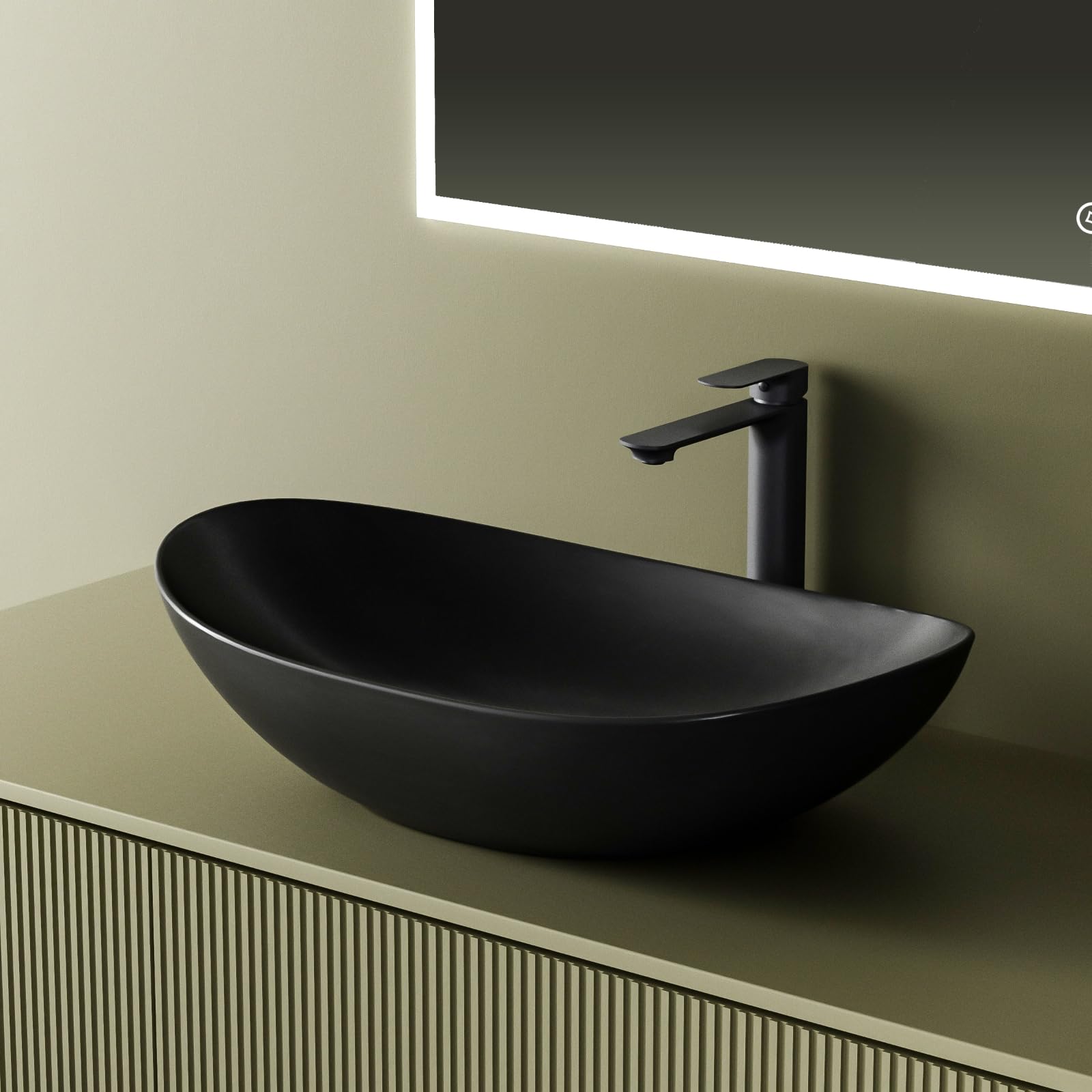 EMKE Aufsatzwaschbecken oval, Keramik Waschbecken Bad 61,9 x 36 x 15,7 cm, Waschtisch Schwarz Matt, Waschschale ohne Hahnloch, Handwaschbecken für Badezimmer und Hotel