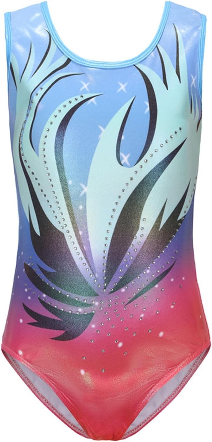 Girls Metallic Sleeveless Rhinestones Gymnastics Uniform Gymnastics Leotards With Shorts