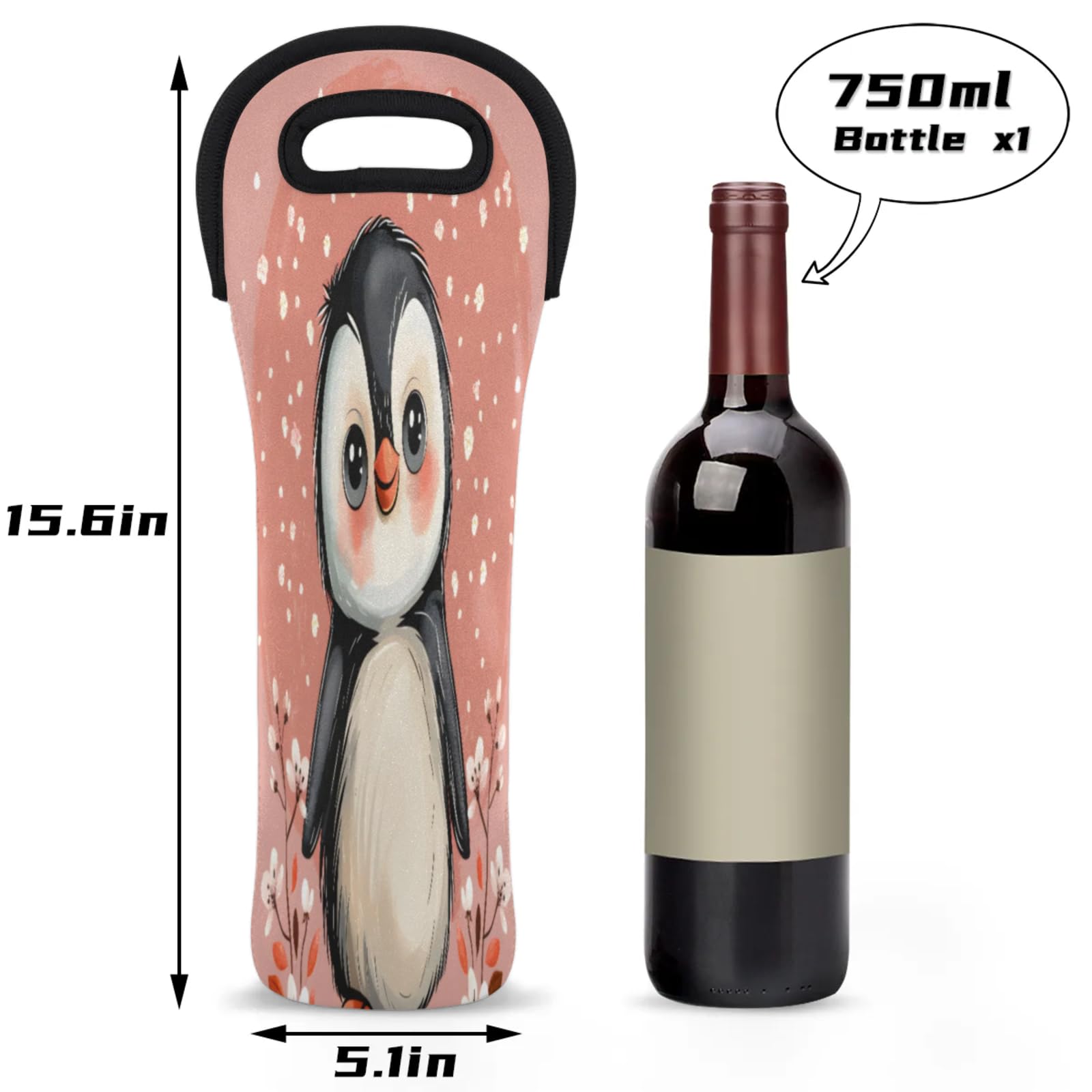 Cartoon Penguin Flower Single Bottle Wine Bag Insulated Neoprene Wine Bottle Bag Travel Tote with Handles Wine Gifts Carrier for Wedding Picnic Parties