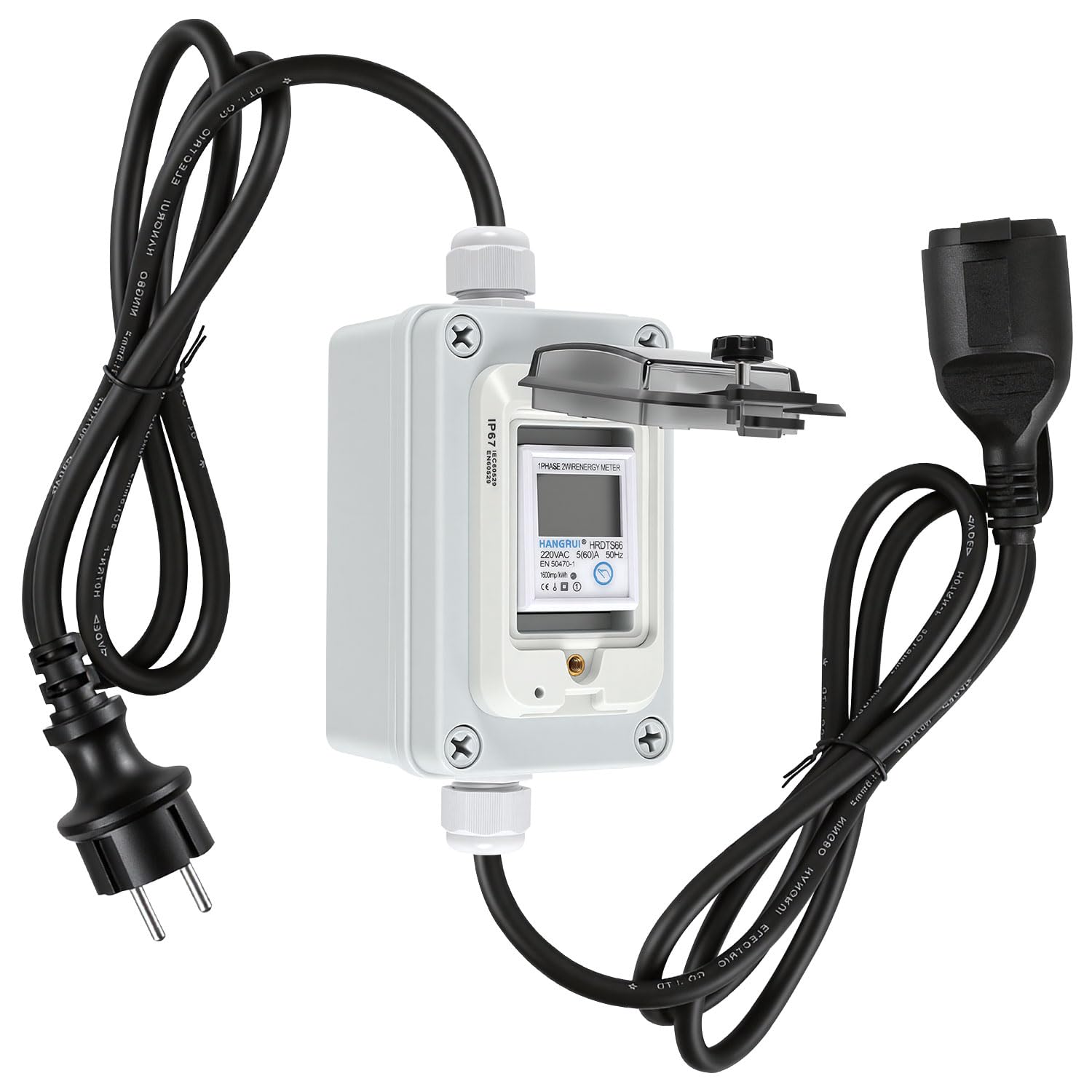 Contador de electricidad móvil de 230 V, IP67, con 2 cables de 1,5 m | Pantalla LCD con función de memoria y botón de reinicio para medición móvil