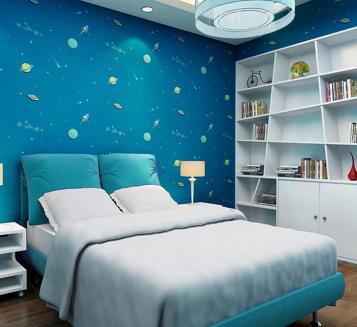 Oren Empower Self Adhesive Space Theme Planet and Star Wallpaper/Waterproof PVC Vinyl Wallpaper for Kids Room, Bedroom, Dining Hall, Master Room - 45 X 330 cm (Multicolor- Green & White)