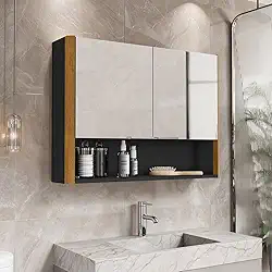 Armário de Banheiro Aéreo 2 Portas Com Espelho Espelheira Com Nicho Santorini (Preto/Nature)