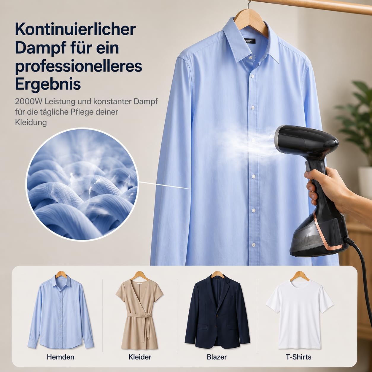Vertikales Dampfbügeleisen, professionell, 2000 W, tragbar, für Falten, Erwärmung, 30 Sekunden, 260 ml, ergonomisch, für Reisen und Zuhause, kontinuierlicher Dampf, Bürste inklusive Temperaturanzeige