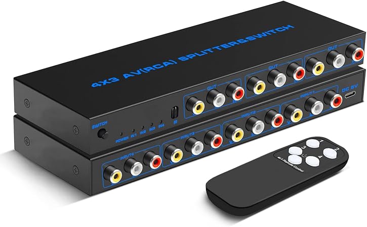 RCA Switch Box 4 in 3 Out: 4 Way AV Splitter 3 Output with Remote Control for Audio Video Distribution, RCA Splitter Switcher Composite Video L/R Audio Selector Box for DVD STB Game Consoles