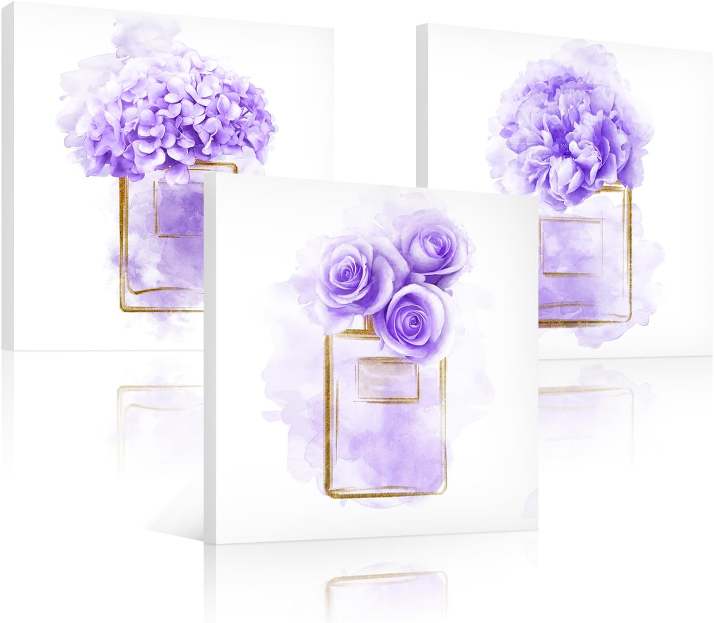HOMEOART Purple Wall Art Purple Flower in Perfume Bottle Painting Bathroom Decor, Framed Canvas Wall Art Ready to Hang 12x12inchx3 Pieces