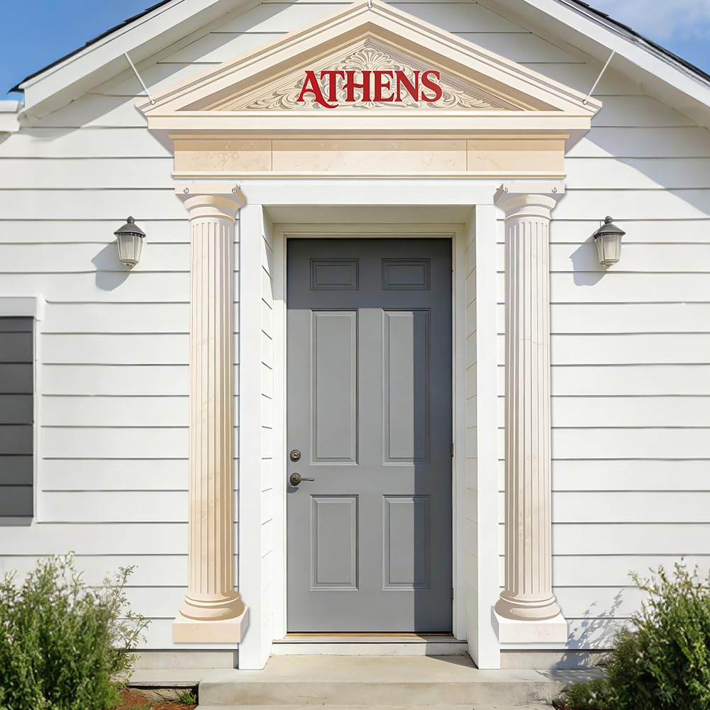 SUPERDANT 3Pcs Greek Porch Banner 180x68cm Plus 180x30cm Side Panels Athens Temple Columns Door Drape Polyester Toga Party Backdrop for Graduation Wedding Photo Door