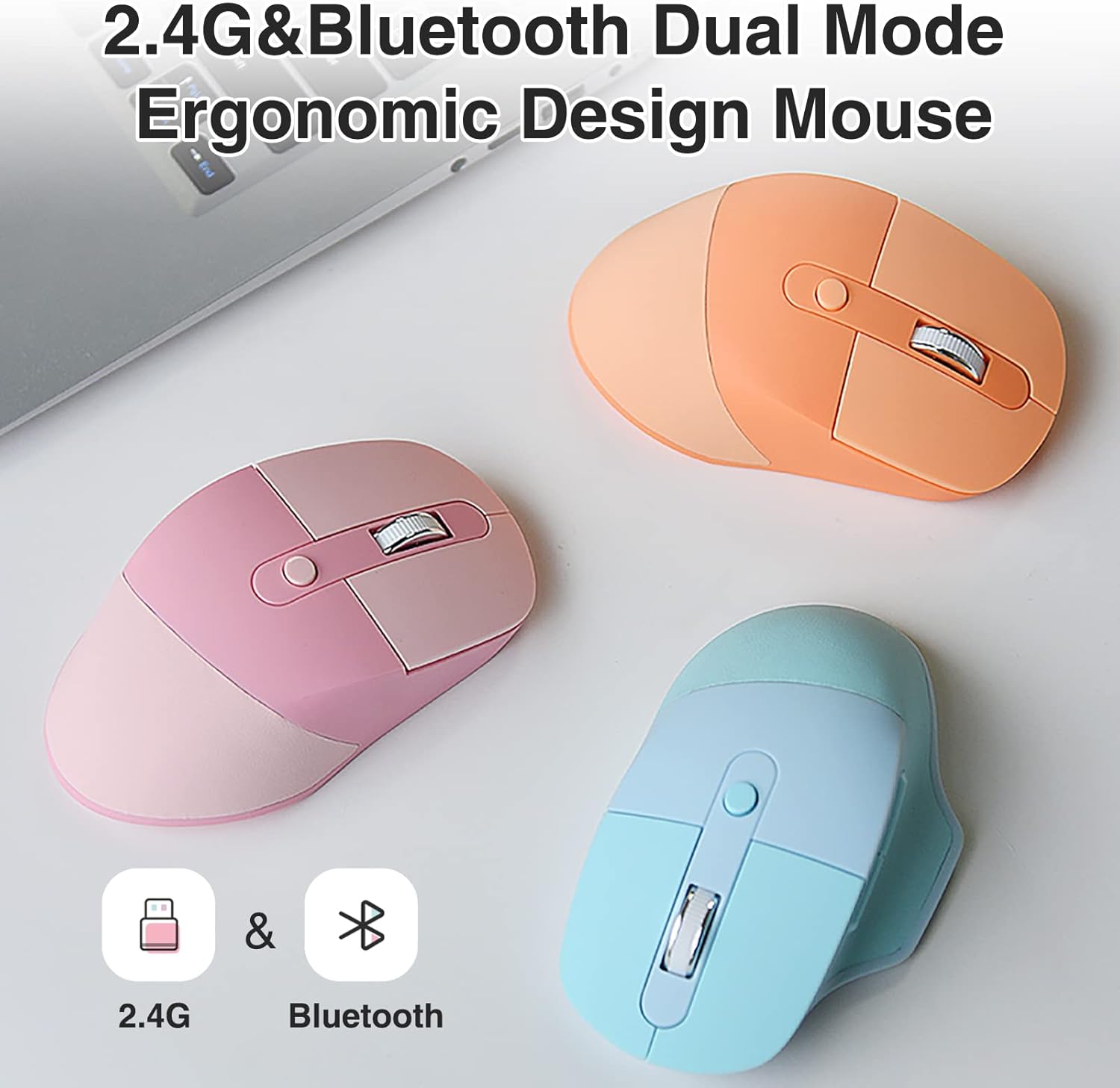 Image showing three color variants of the Lomiluskr Ergonomic Dual Mode Wireless Mouse (Orange, Pink, Blue) with 2.4G and Bluetooth logos.