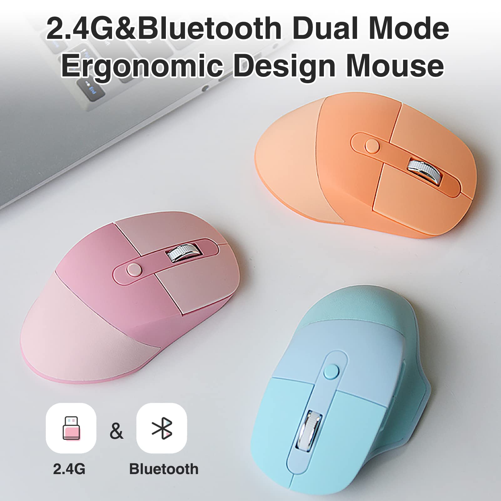 Lomiluskr Mouse wireless a doppia modalità 2.4G e Bluetooth, tasti silenziosi, design ergonomico, colori caramelle, compatibile con notebook, PC, tablet, smartphone (tè al latte)