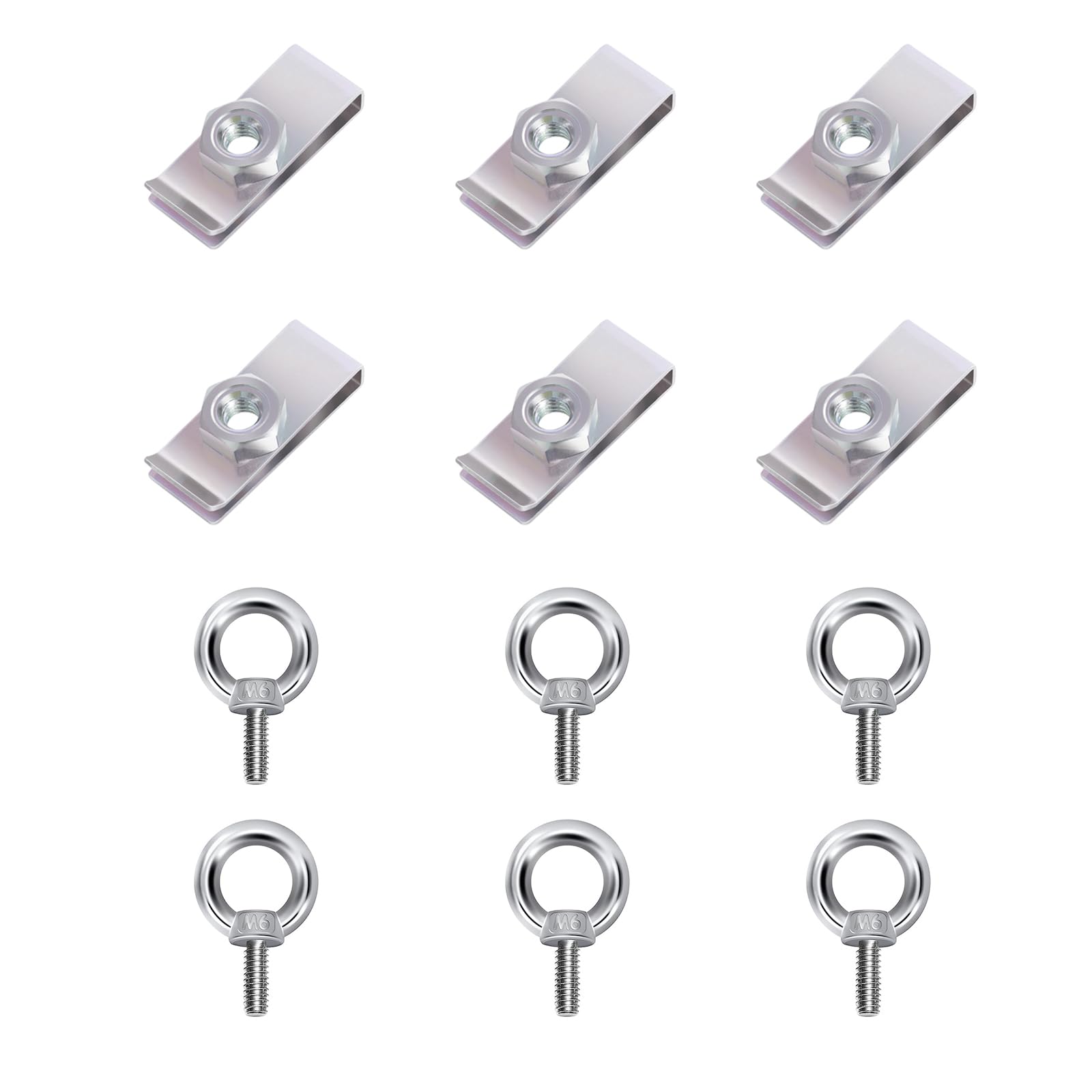 M6 (37x15mm)クリップナット& M6アイボルト 6個セット 12mm 304ステンレス ボルトセット 吊り下げ 地震対策 木工 家具 固定 補強 補助 金具 バイク 車中泊DIY 製作 キャンプ 釣り (クリップナット&アイボルト6個セット)