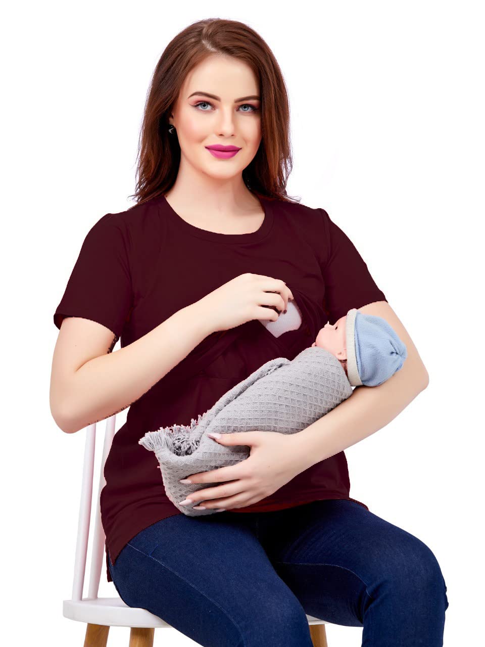 Easy Feed Women's Cotton Maternity Feeding Tops | Nursing Tops for Feeding Baby | Half Sleeve T-Shirt for Pregnant Women Post PregnancyMaroon(2XL) - Image 2 thumbnail