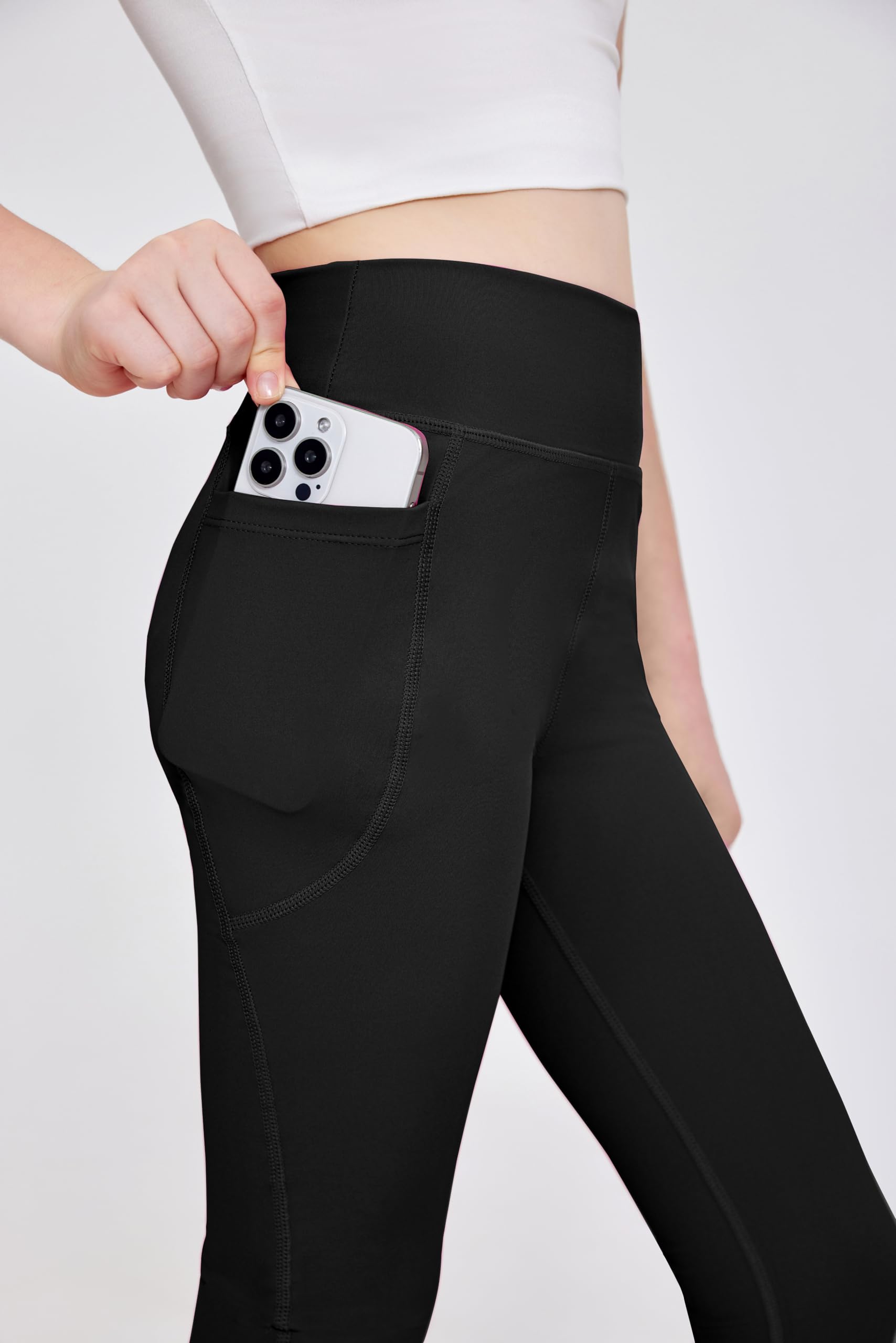 Arshiner Mädchen Leggings Kinder Lang Sportleggins Einfarbig Hohe Taille Sporthose Basic Elastisch Leggings Jogging Training Yoga Hosen mit Taschen 5-14 Jahre - 3