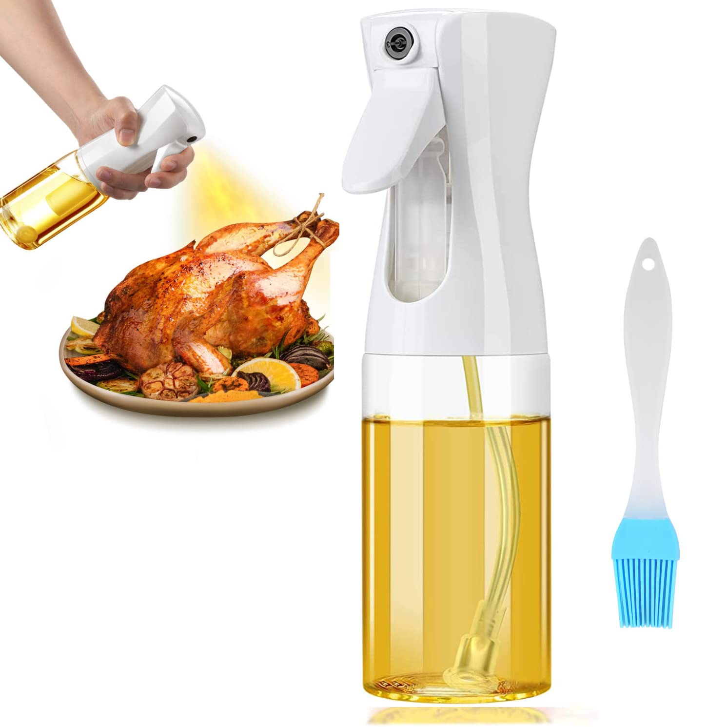 PubiaoOil Sprayer Bottle 200ml Oil Spray Dispenser Mister Bottles with Brush Refillable Container for Kitchen Cooking Salad BBQ Baking Grilling Roasting Fryer Vinegar (White)
