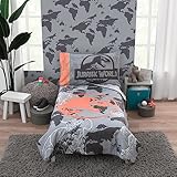 NoJo Universal Jurassic World Into The Wild Grey, White, Orange and Aqua T. Rex 4 Piece Toddler Bed Set - Comforter, Fitted Bottom Sheet, Flat Top Sheet and Reversible Pillowcase