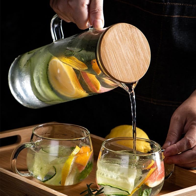 Image of Borosilicate Glass 1 LTR Water Jug with Handle, Juice Beverage Carafe with Bamboo Lid, Big Glass Iced Tea Pitcher, 1 Pcs Set (Borosilicate 1 Liter Stright)