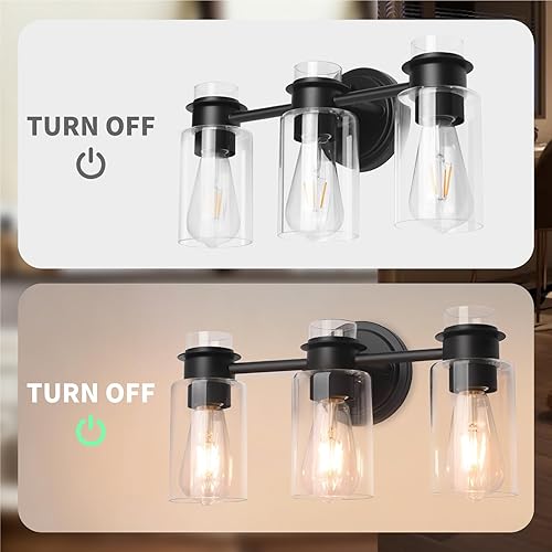 Miniatura 2 de Lámpara de tocador de baño de 3 luces color negro mate sobre el espejo, pantalla de vidrio transparente y diseño a prueba de óxido para baño,