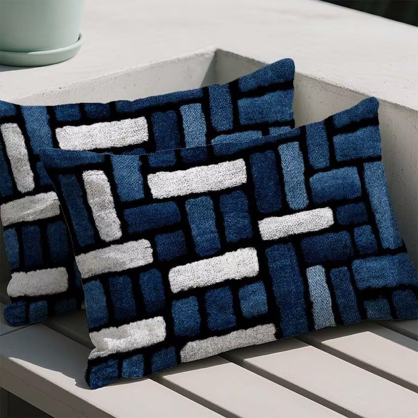 Housse de coussin bleu marine 80x100cm imperméable en lin géométrique pour extérieur M-328 - 2