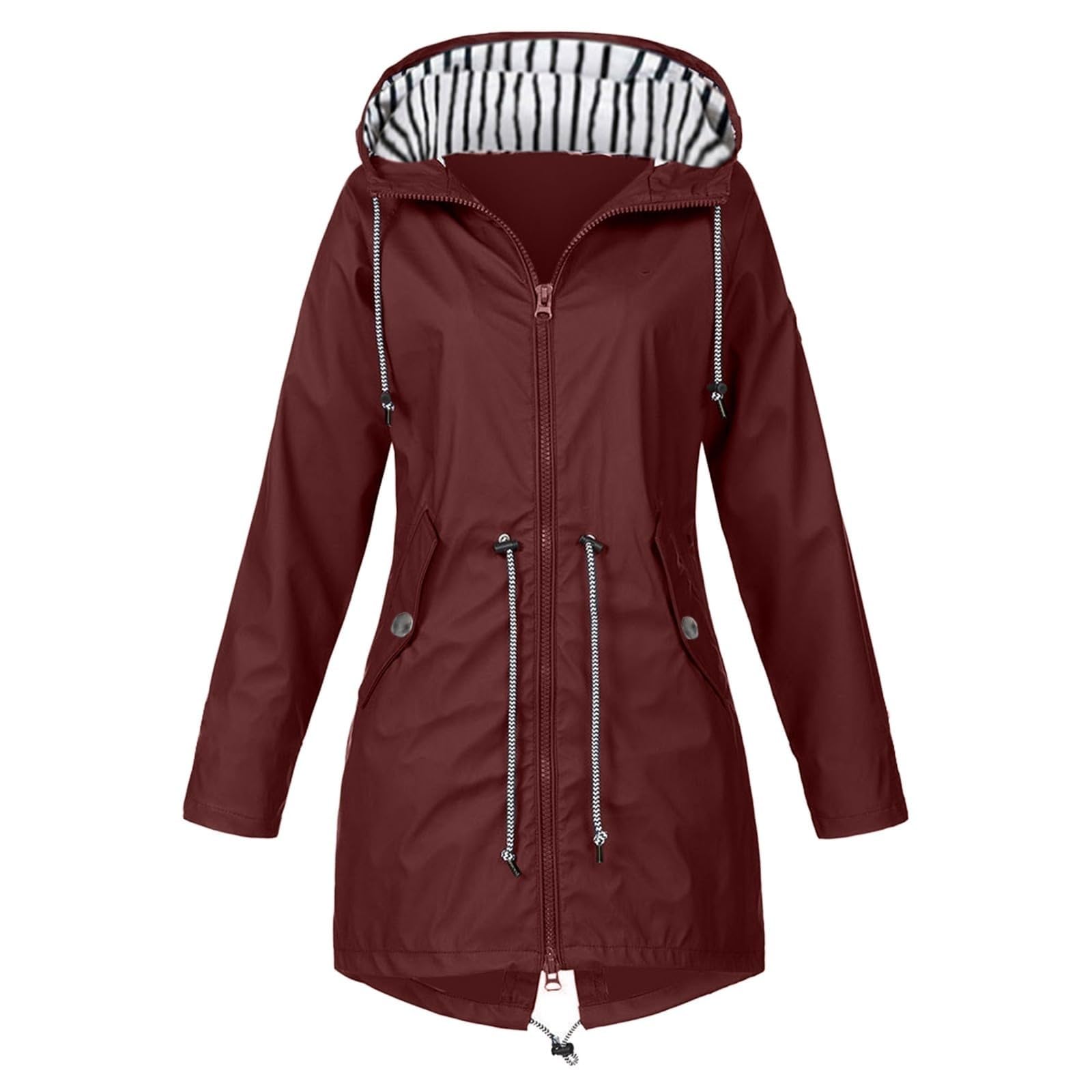 GenericWomen's Rain Jacket Solid Stripe Jacket Outdoor Plus Medium And Long Waterproof Hooded Raincoat Windproof, S-5XL
