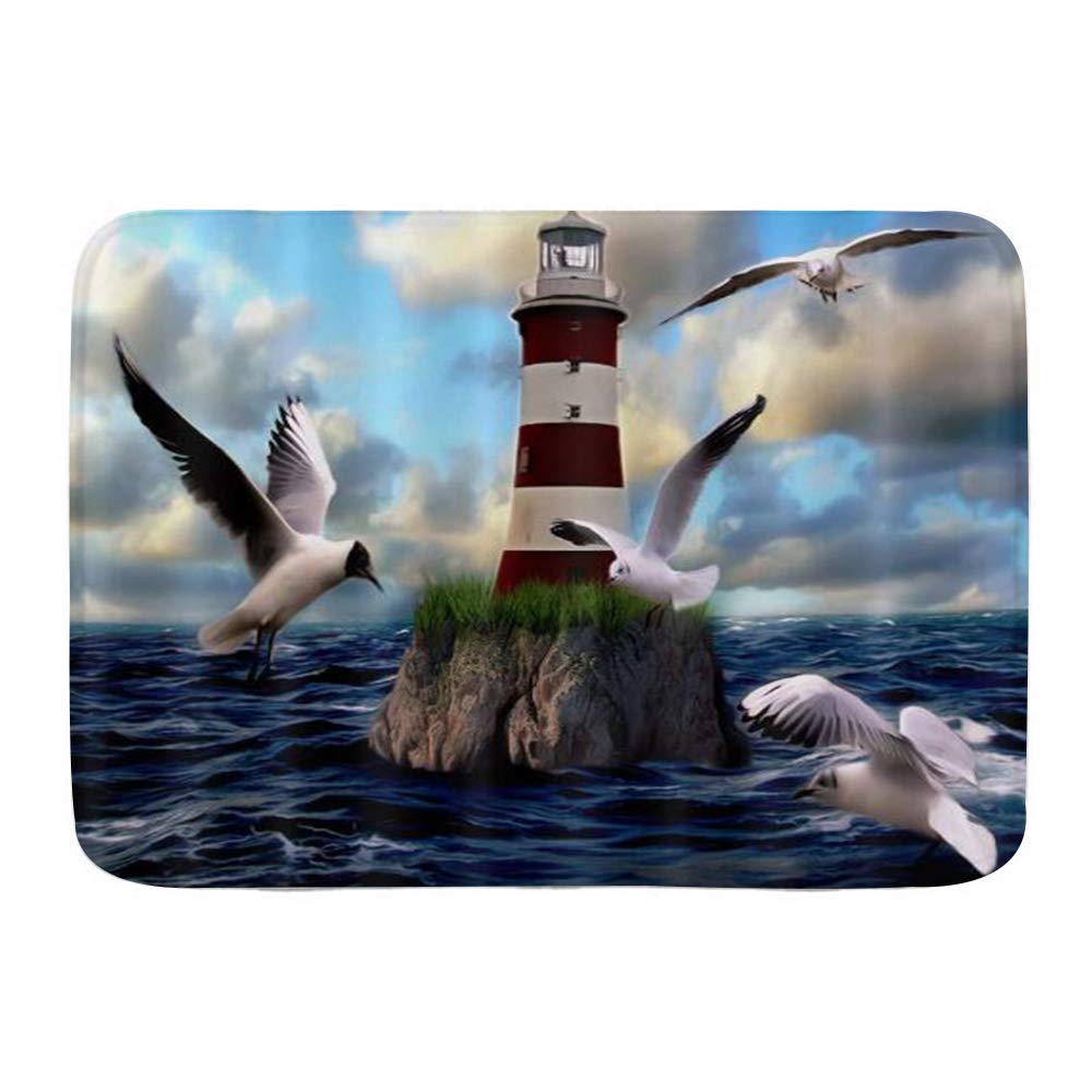WINCANBath Mat Rug,Lighthouse Seagull Sea Ocean Cloudy Sky,Plush Bathroom Decor Mats with Non Slip Backing,29.5" X 17.5"