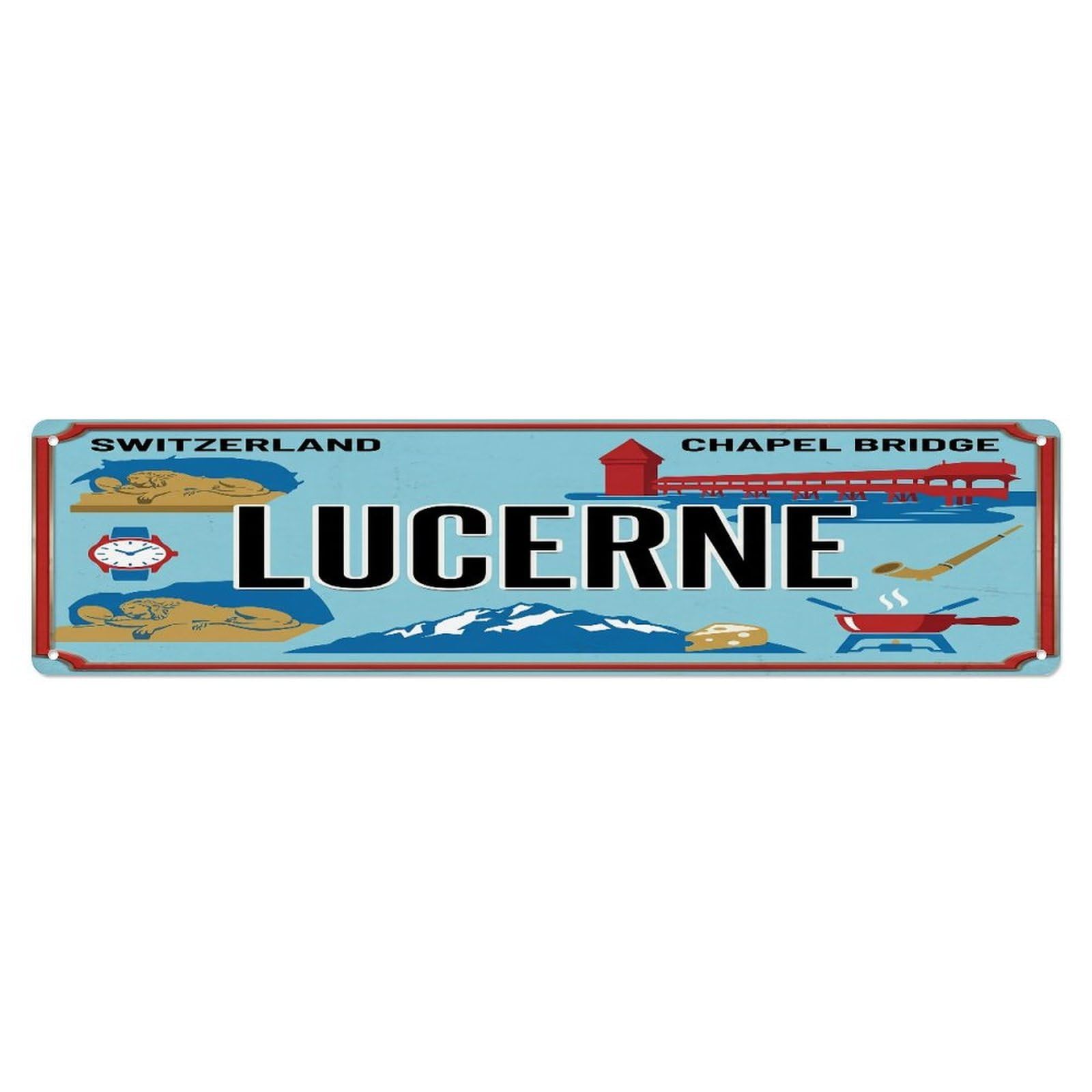 Tgrcjimh Style Metal Tin Sign Vintage Travel Lucerne Switzerland Bridge Lion
