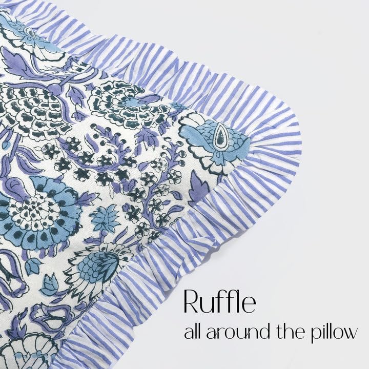 CPC Indigo Blue 100% Cotton Block Print Ruffle Sham Cover 12x20 inch, Handmade Boho Floral Pillowcase, Farmhouse Cottagecore Bedding, Soft Decorative Cushion Cover for Bedroom Décor - Image 5
