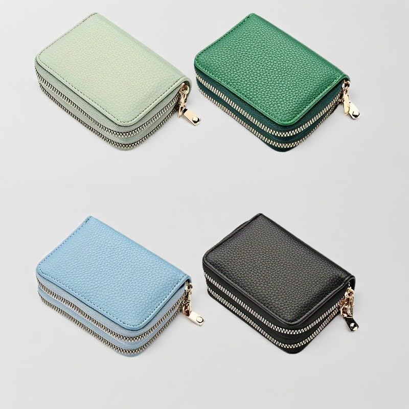 Compact Dual-Zipper Women's Wallet | Light Green Textured Credit Card Holder & Coin Purse | Golden Zippers, Available in Pink, Emerald, Blue, Black3