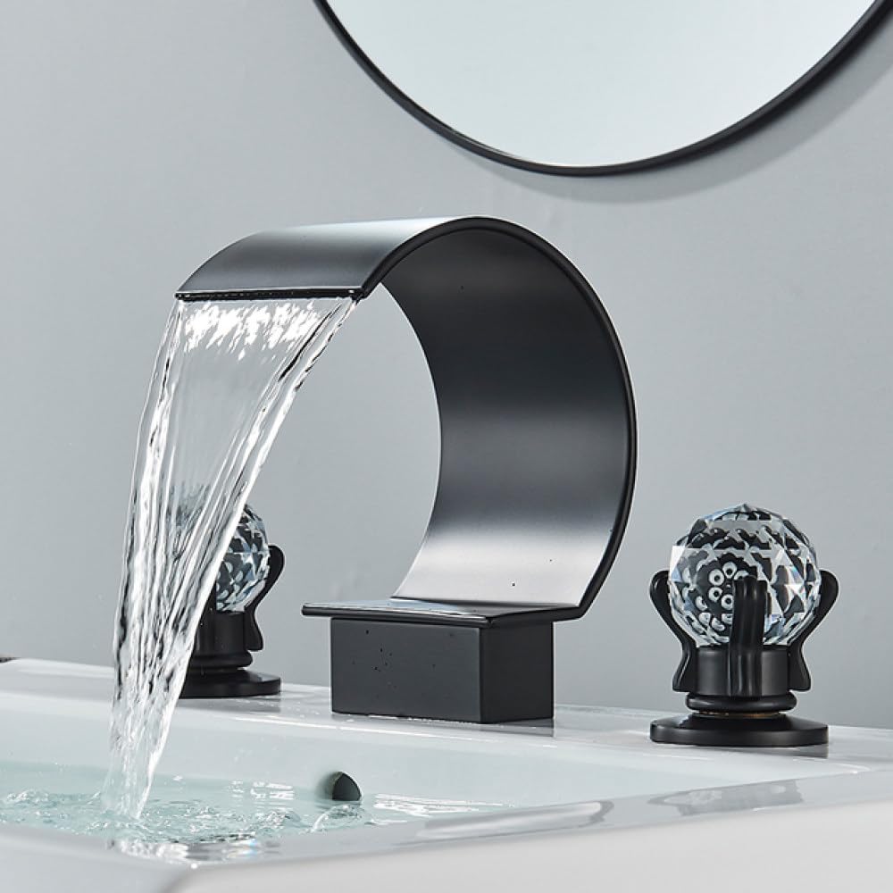 Robinet de lavabo de salle de bain cascade noir mat à 3 trous