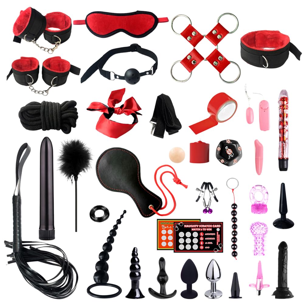 Kit Bondage, 37 Pièces Rouge Kit avec Menottes Sexy érotique, Plug Anal, Fouet, Collier, Bâillon, Corde, Kit Sexuel Adulte Couple Femmes et Hommes