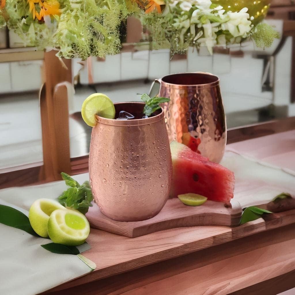 BOLD & DIVINE Pure Copper Cups | Set of 4-17 Oz each | Stemless Tumblers & Wine Glasses | Hammered Copper Cups for Wine, Water & Moscow Mule