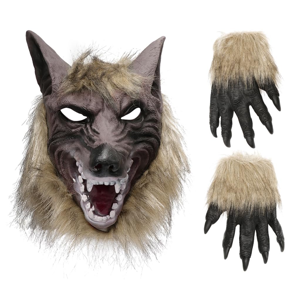 FOYTOKI 1 juego de máscara de guante de lobo para hombre, disfraces de cosplay para hombres, máscara espeluznante para Halloween, gran disfraz de lobo malvado para adultos, conjunto con pata de