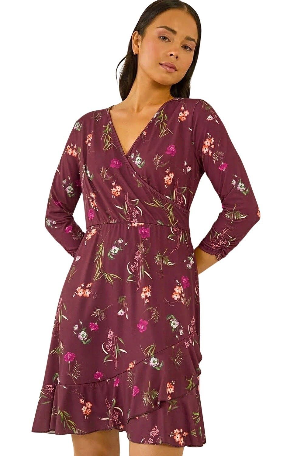 Roman Petite Women's Wine Floral Wrap Frill Stretch Dress Size 12