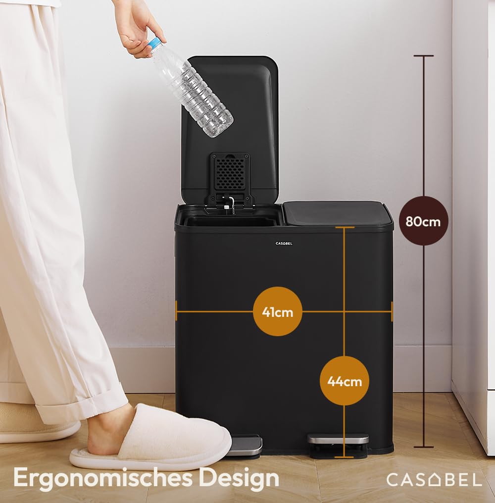 CASABEL Doppel-Küchenmülleimer 2x15L aus Edelstahl, fingerabdruckresistent, luftdichte Deckel mit Fußpedal, ideal für Recycling in Küche, Bad oder Büro - Schwarz
