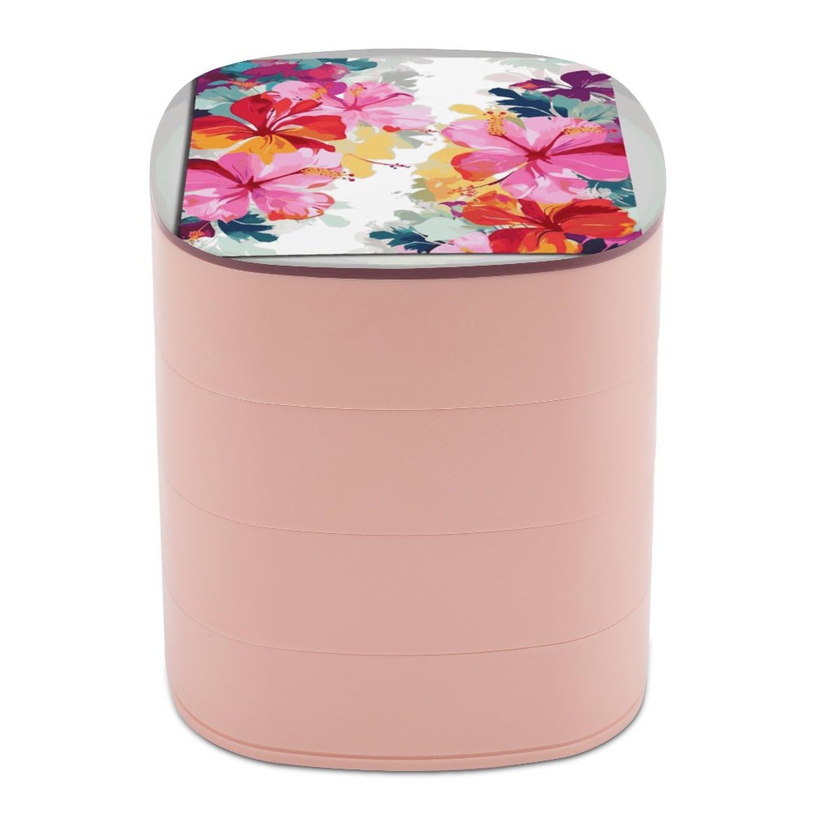 Btcowzrv Women's Style Hawaiian Flower Print Jewelry Organizer With Mirror, 4-Layer Rotating Jewelry Box For Ring Earring Necklaces Bracelets Hair Accessories, Gift For