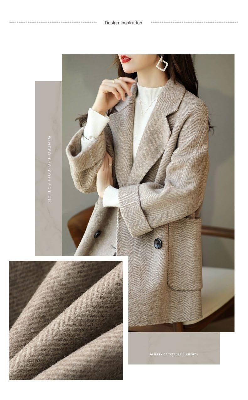 Damen-Wollmantel, Gefüttert, Winter, Gesteppt, Wollmischung, Cabanjacke, Lang, Dick, Winddicht, Zweireihig, mit Taschen
